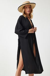 Kadın Siyah Kuşaklı Krinkıl Kimono DD00958 ürün fotoğrafı