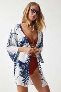 Kadın Mavi Desenli Güpür Detaylı Viskon Kimono ZV00142 ürün fotoğrafı