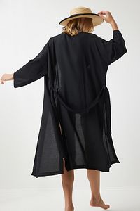 Kadın Siyah Kuşaklı Krinkıl Kimono DD00958 ürün fotoğrafı