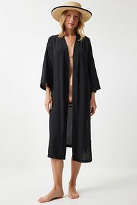 Kadın Siyah Kuşaklı Krinkıl Kimono DD00958 ürün fotoğrafı
