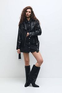 Oversize Suni Deri Biker Ceket ürün fotoğrafı