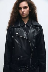 Oversize Suni Deri Biker Ceket ürün fotoğrafı