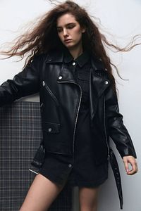 Oversize Suni Deri Biker Ceket ürün fotoğrafı