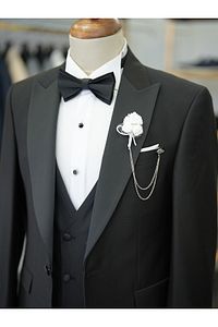 Erkek Smokin Damatlık Kırlangıç Yaka İtalyan Kesim Slim Fit Ceket Yelek Pantolon Papyon-Siyah ürün fotoğrafı