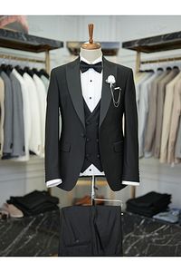 Erkek Smokin Damatlık Kırlangıç Yaka İtalyan Kesim Slim Fit Ceket Yelek Pantolon Papyon-Siyah ürün fotoğrafı