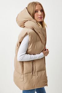 Kadın Krem Kapüşonlu Oversize Şişme Yelek MK00176 ürün fotoğrafı