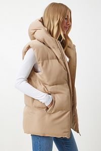 Kadın Krem Kapüşonlu Oversize Şişme Yelek MK00176 ürün fotoğrafı