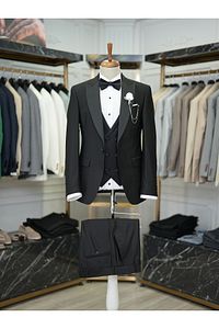 Erkek Smokin Damatlık Kırlangıç Yaka İtalyan Kesim Slim Fit Ceket Yelek Pantolon Papyon-Siyah ürün fotoğrafı
