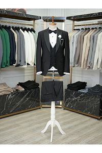 Erkek Smokin Damatlık Kırlangıç Yaka İtalyan Kesim Slim Fit Ceket Yelek Pantolon Papyon-Siyah ürün fotoğrafı