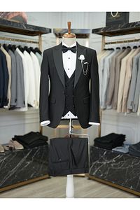 Erkek Smokin Damatlık Kırlangıç Yaka İtalyan Kesim Slim Fit Ceket Yelek Pantolon Papyon-Siyah ürün fotoğrafı