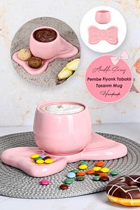 El Yapımı Seramik Pembe Fiyonk Tabaklı Tasarım Mug Kupa Fincan | Handmade Mug Fincan Kahve Kupası ürün fotoğrafı