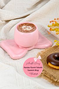 El Yapımı Seramik Pembe Fiyonk Tabaklı Tasarım Mug Kupa Fincan | Handmade Mug Fincan Kahve Kupası ürün fotoğrafı