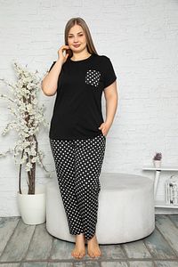 Büyük Beden Bisiklet Yaka Puantiye Desenli Kısa Kollu Battal Beden Pijama Takımı 16134 ürün fotoğrafı