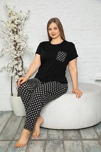 Büyük Beden Bisiklet Yaka Puantiye Desenli Kısa Kollu Battal Beden Pijama Takımı 16134 ürün fotoğrafı