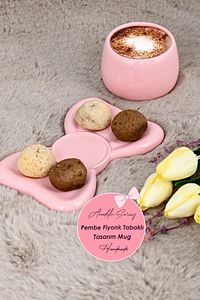 El Yapımı Seramik Pembe Fiyonk Tabaklı Tasarım Mug Kupa Fincan | Handmade Mug Fincan Kahve Kupası ürün fotoğrafı