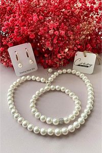 8 Mm Mayorka (KAPLAMA) Inci Kolye-küpe-bileklik 925 Ayar Gümüş Set ürün fotoğrafı