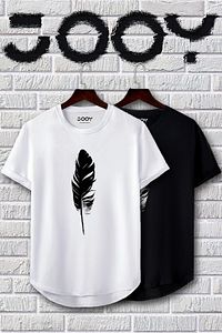 Unisex Siyah Beyaz Oval Kesim Tüy Tasarım Tshirt Ikili Set ürün fotoğrafı
