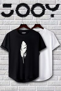 Unisex Siyah Beyaz Oval Kesim Tüy Tasarım Tshirt Ikili Set ürün fotoğrafı