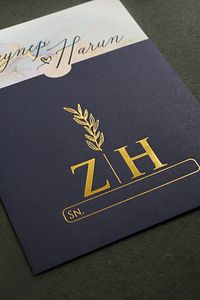 Lacivert Zarflı Altın Yaldızlı Düğün, Nikah, Nişan Davetiyesi (50 ADET) ürün fotoğrafı