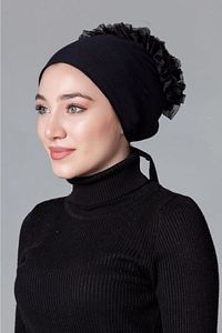 Siyah Penye Fırfırlı Kaymayan Bone ürün fotoğrafı