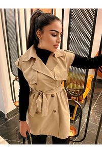Camel Beli Kuşaklı Çift Cepli Trençkot ürün fotoğrafı