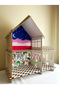 Mobilyasız Bebek Evi, 67 Cm Ahşap Renkli Baskı (çocuk Evi/barbie Oyun Evi) ürün fotoğrafı