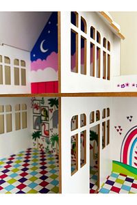 Mobilyasız Bebek Evi, 67 Cm Ahşap Renkli Baskı (çocuk Evi/barbie Oyun Evi) ürün fotoğrafı