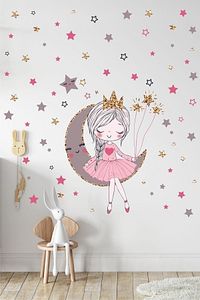 Ayda Oturan Sevimli Kız Çocuk Odası Duvar Sticker Seti ürün fotoğrafı