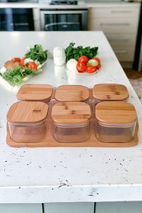 6'lı Bambu Kahvaltılık Seti Cam Hazneli Silikon Vakumlu Kapaklı Tepsi Dahil 13 Parça Sunum Organizer ürün fotoğrafı