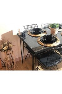 Siyah Mermer Desen 70x110yemek Masası Mutfak Masası 4 Kişilik Tel Sandalyeli 70x120cm Tabla ürün fotoğrafı