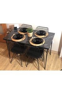 Siyah Mermer Desen 70x110yemek Masası Mutfak Masası 4 Kişilik Tel Sandalyeli 70x120cm Tabla ürün fotoğrafı