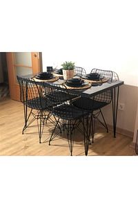 Siyah Mermer Desen 70x110yemek Masası Mutfak Masası 4 Kişilik Tel Sandalyeli 70x120cm Tabla ürün fotoğrafı