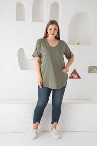 Kadın V Yaka Büyük Beden T-shirt Haki ürün fotoğrafı