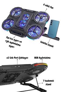 PROTE R6 RGB Işıklı 6 Fanlı Telefon Standlı Usb Çoklayıcılı Yükseklik Ayarlı Notebook Soğutucu Stand ürün fotoğrafı