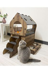 Dekoratif Teraslı Kedi Evi Ve Mama Kabı Seti ürün fotoğrafı