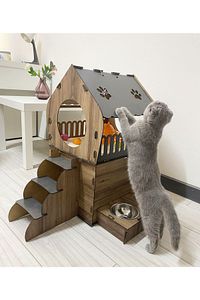 Dekoratif Teraslı Kedi Evi Ve Mama Kabı Seti ürün fotoğrafı