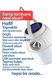 Kamp Lambası Solar Şarjlı El Feneri USB Type-C Şarj Çıkışlı Power Bank Özellikli Lithium 30W Askılı ürün fotoğrafı