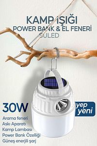 Kamp Lambası Solar Şarjlı El Feneri USB Type-C Şarj Çıkışlı Power Bank Özellikli Lithium 30W Askılı ürün fotoğrafı