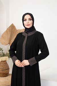 Leopar Desenli Fermuarlı Siyah Medine Ipeği Ferace ürün fotoğrafı