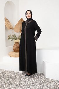 Leopar Desenli Fermuarlı Siyah Medine Ipeği Ferace ürün fotoğrafı