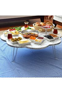 90 Cm Beyaz Mermer Desenli Ahşap Katlanabilir Papatya Yer Sofrası, Yer Masası, Yemek Masası ürün fotoğrafı