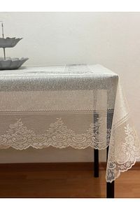 Çini Desenli Dertsiz Leke Tutmaz Dantelli Masa Örtüsü Krem 160x220 Cm ürün fotoğrafı