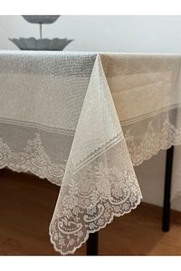 Çini Desenli Dertsiz Leke Tutmaz Dantelli Masa Örtüsü Krem 160x220 Cm ürün fotoğrafı