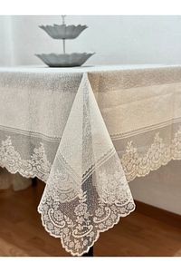 Çini Desenli Dertsiz Leke Tutmaz Dantelli Masa Örtüsü Krem 160x220 Cm ürün fotoğrafı