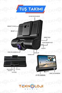 Araç İçi Kamera 4'' Lcd Ekran 3 Kameralı 170° Geniş Açı 1080p G-Sensör Gece Görüşlü Uyumlu Yol Kayıt ürün fotoğrafı
