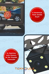 Araç İçi Kamera 4'' Lcd Ekran 3 Kameralı 170° Geniş Açı 1080p G-Sensör Gece Görüşlü Uyumlu Yol Kayıt ürün fotoğrafı