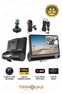 Araç İçi Kamera 4'' Lcd Ekran 3 Kameralı 170° Geniş Açı 1080p G-Sensör Gece Görüşlü Uyumlu Yol Kayıt ürün fotoğrafı