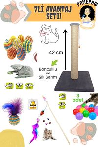 7'li Set: Kedi Tırmalama Tahtası , Sarma Top , Renkli Oyun Topu 3'lü , Tüylü Top Ve Kedi Oltası Seti ürün fotoğrafı