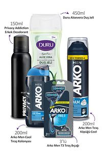 Arko Men Duş Lifi Ile Birlikte Tıraş Seti Privacy Deodorant 150ml Ve Aloevera Duş Jeli 450 ml ürün fotoğrafı