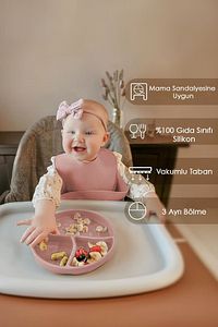 3'lü Silikon Beslenme Seti -silikon Mama Önlüğü, Vakumlu Tabak, Diş Kaşıyıcılı Kaşık Pembe ürün fotoğrafı